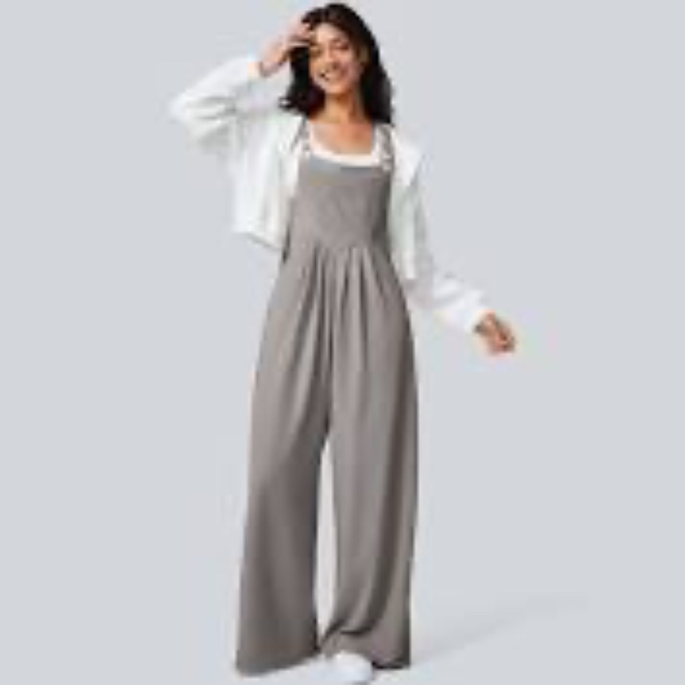 Halara Adjustable Strap Button Multiple Pockets Waffle Overalls Mink Ash, XL NWT